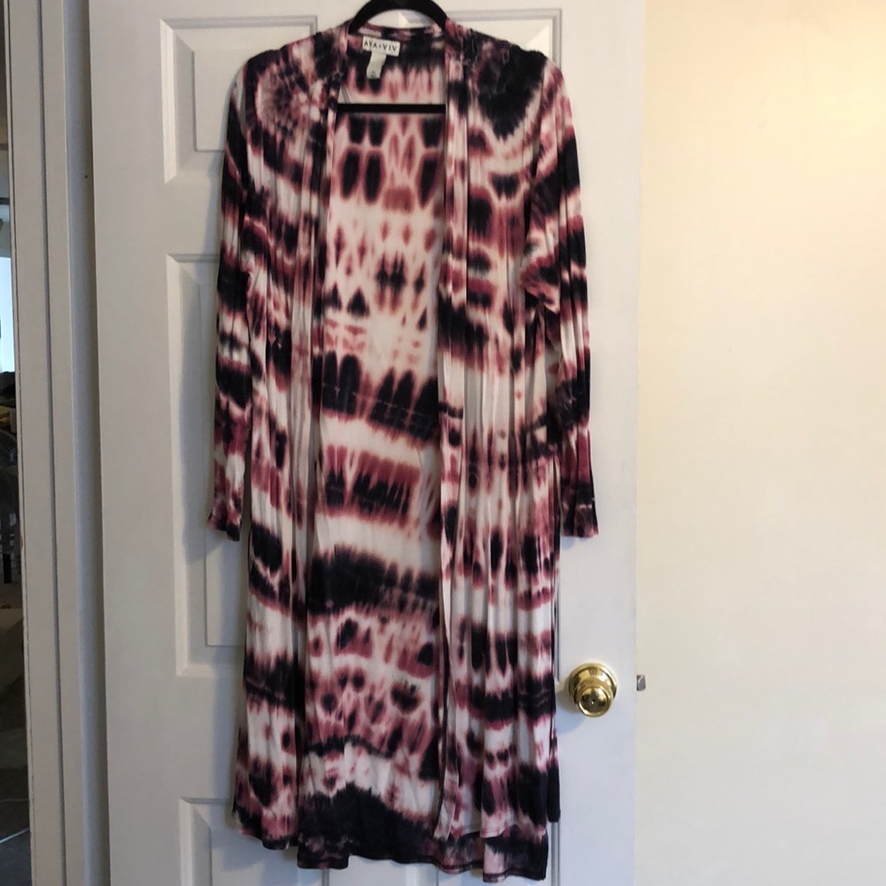 Pink and navy Shibori dyed duster cardigan